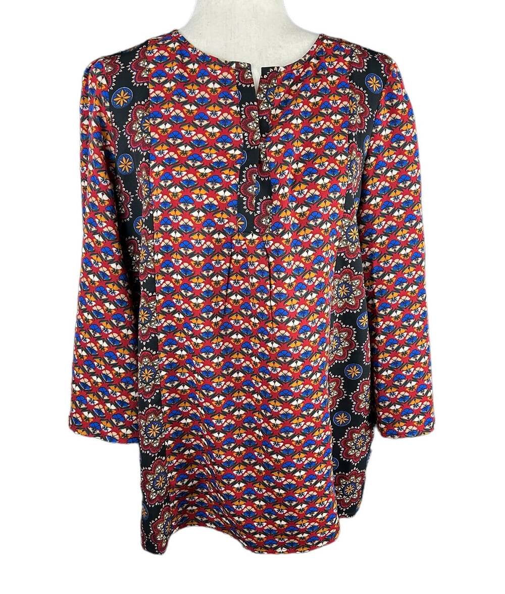 Weekend by Suzanne Betro Red Blouse Pansy Print Flared Sleeves Size L EUC